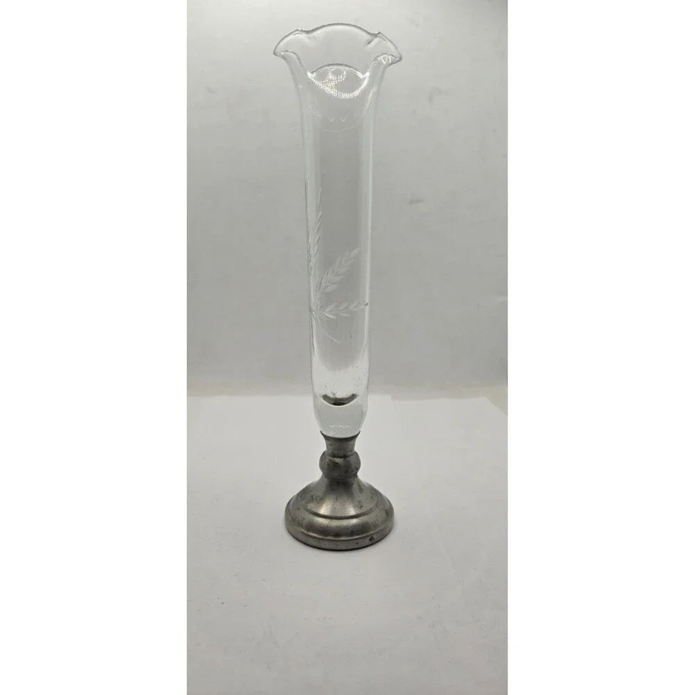 Vintage Crystal Bud Vase Web Wheat Etch Fluted Sterling Silver Base 10.75